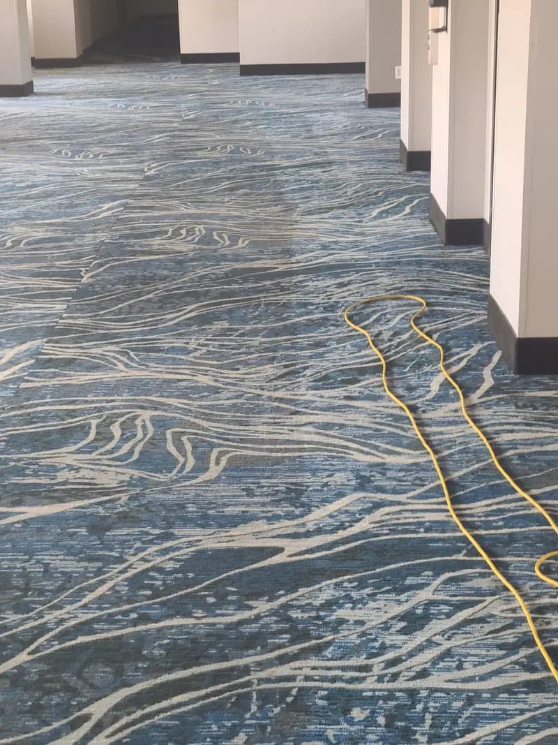 Patterned commercial hallway carpet with a cleaned lane visible during low-moisture cleaning