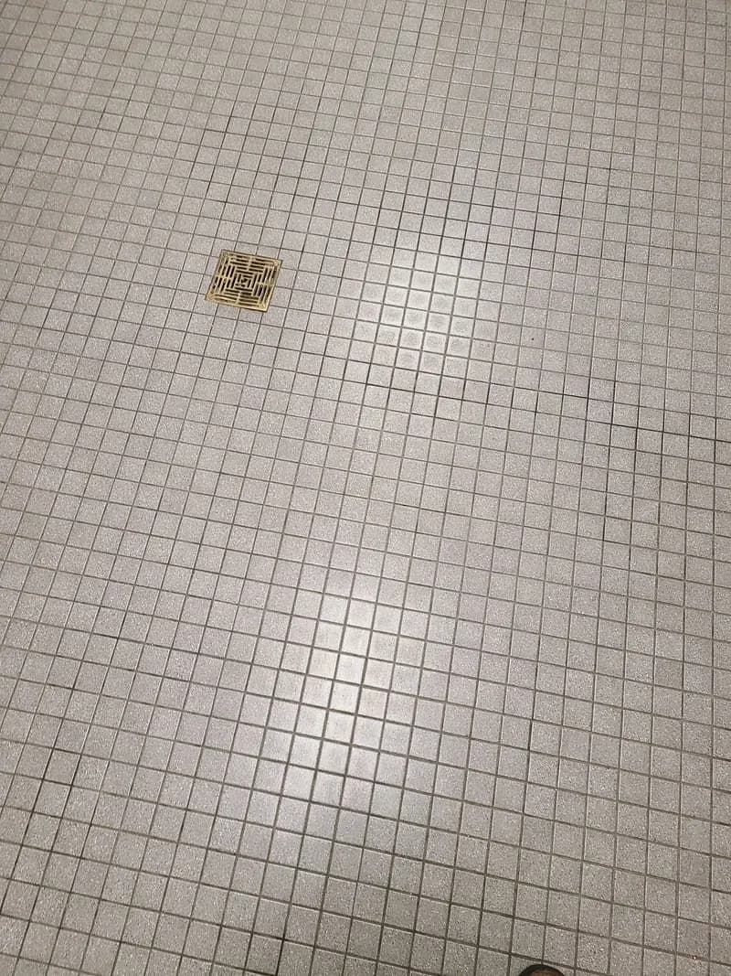 Small square tile floor around a floor drain after cleaning