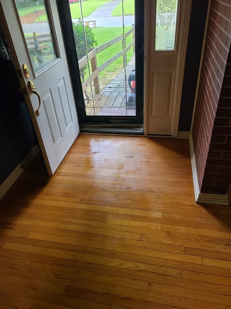 Oak hardwood floor at an open front door after a deep clean
